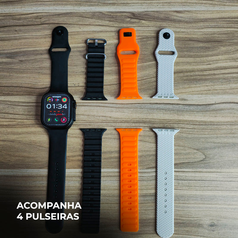 N10 Ultra – Smartwatch 49mm com Chamadas, Notificações e Kit de 4 Pulseiras!