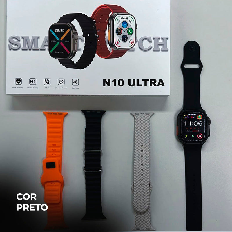 N10 Ultra – Smartwatch 49mm com Chamadas, Notificações e Kit de 4 Pulseiras!